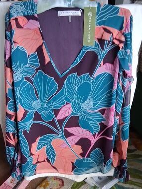 Trina Turk Teal Coral Pink Floral V-Neck Long Sleeve Blouse